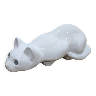 Elpa Alcobaca Portugal Ceramic White Cat Blue Glass Eyes, 1980s