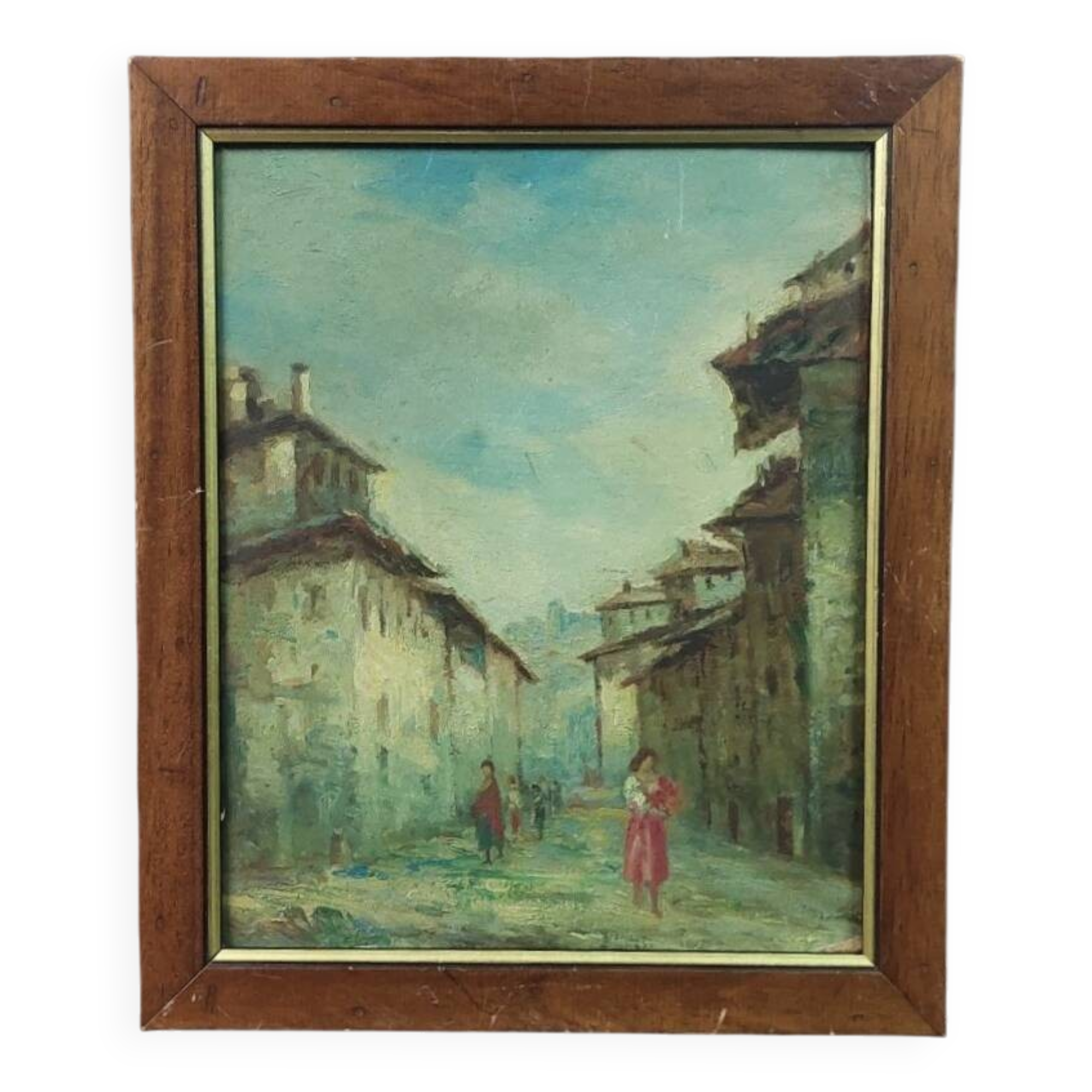 Antique oil painting on faesite early 1900s countryside view