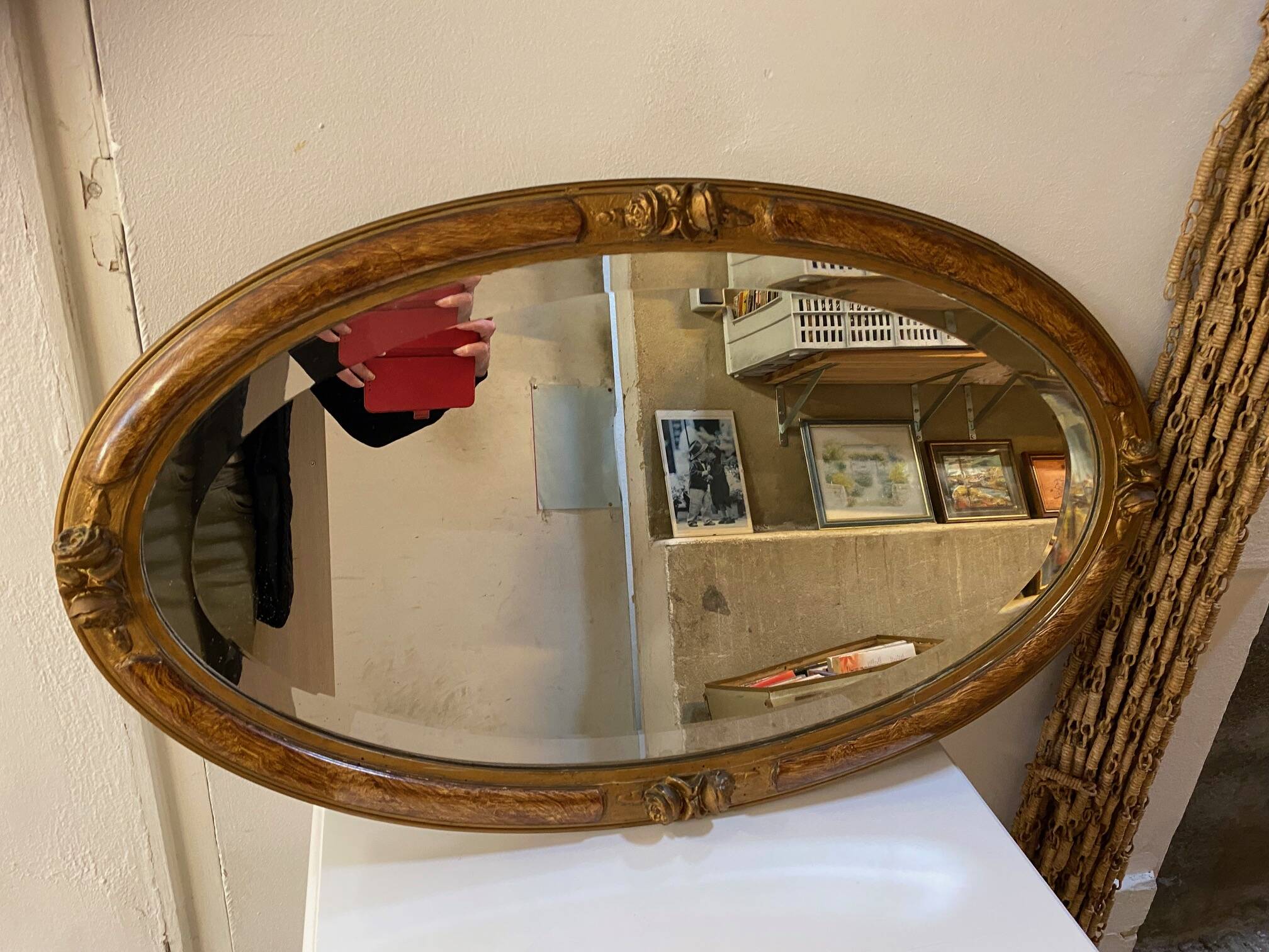 OVAL ART NOUVEAU MIRROR WITH ROSE DECOR AND PAINTED WOOD BEVELED GLASS