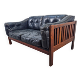 Canapé Monte Carlo en cuir noir et bois de style mid-century moderne scandinave par Ingvar Stockum, 1965