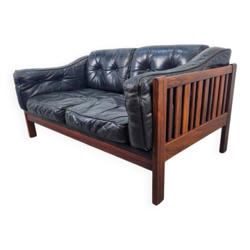 Canapé Monte Carlo en cuir noir et bois de style mid-century moderne scandinave par Ingvar Stockum, 1965
