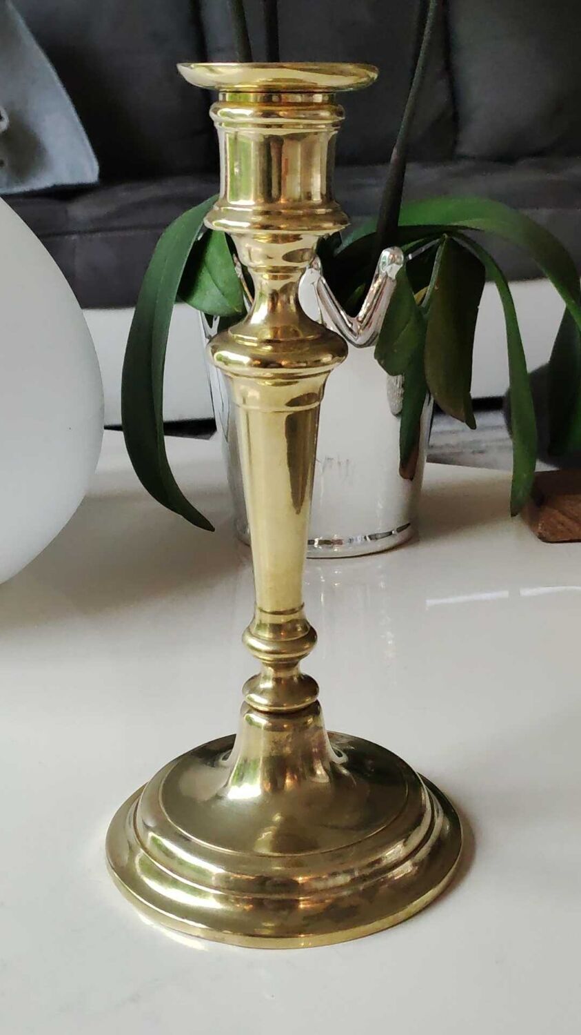Antique torch candle holder, in polished brass, classic and refined