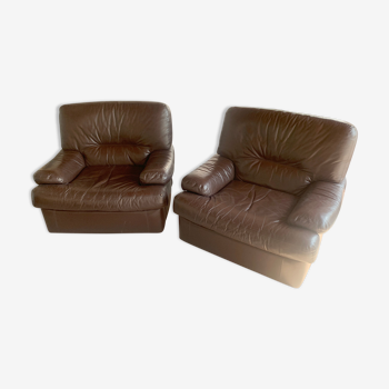 Paire de fauteuils vintage en cuir marron, années 1970-1980
