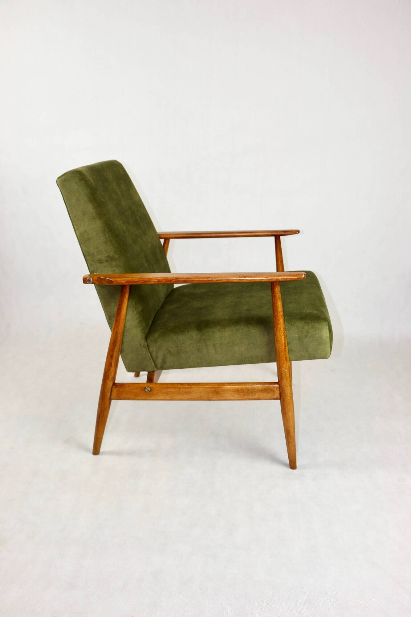 Armchair 'Lis', 1970s olive green design by Henryk Lis - natural wood