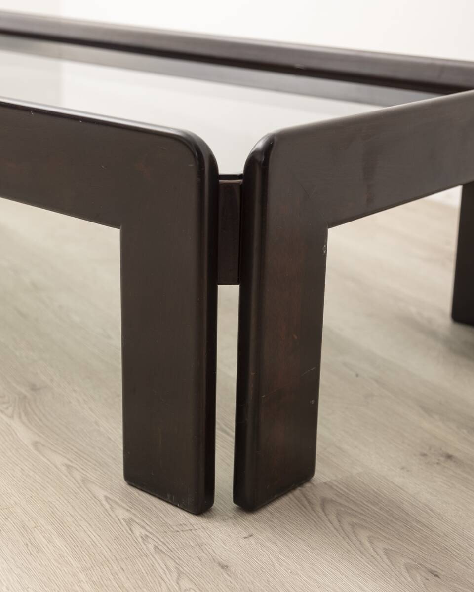 Table vintage années 70 en bois et verre design afra et tobia scarpa