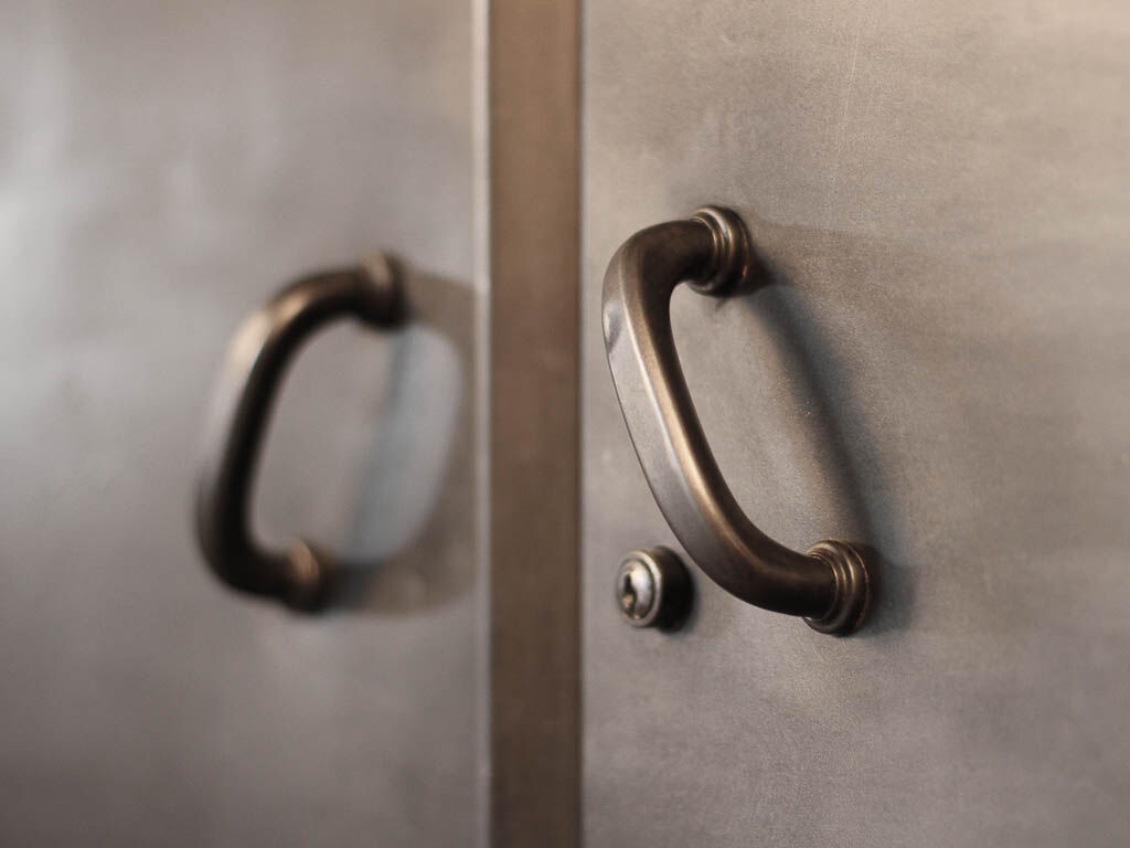 Industrial storage cabinet with 2 brushed steel swing doors, circa 1950