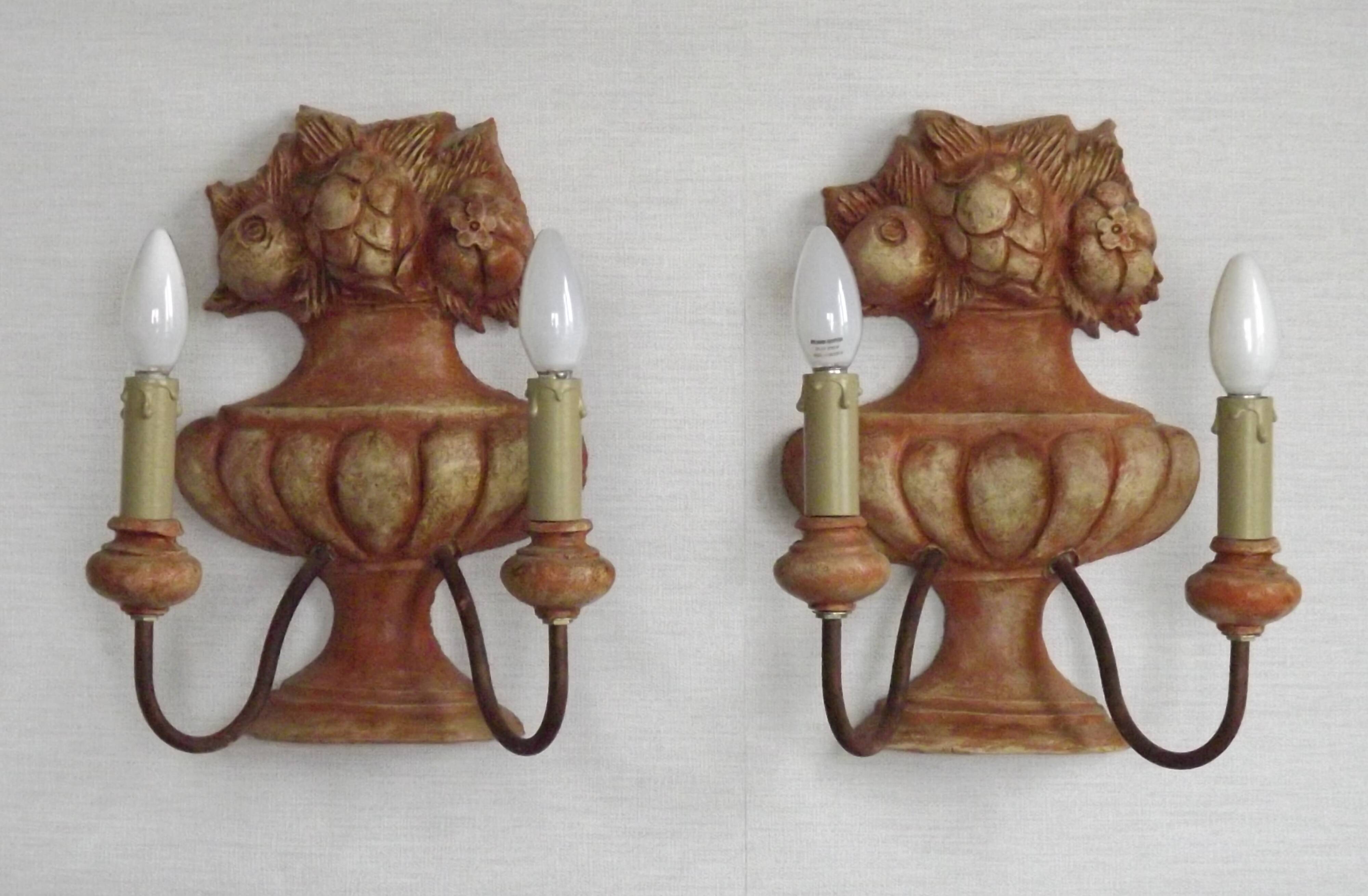 Rare Large Pair of French Terracotta Urn Fruit Basket Double Wall Lights