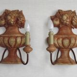 Rare Large Pair of French Terracotta Urn Fruit Basket Double Wall Lights