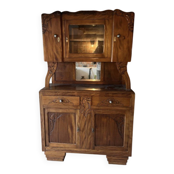 Buffet deux corps ancien en bois sculpté – Art Nouveau – vitrine et miroir