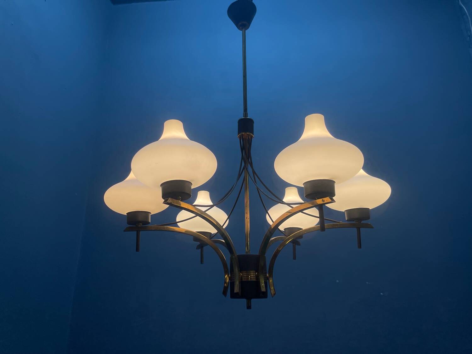 1950s Brass & Opaline Glass Six-Light Chandelier
