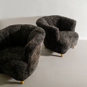 Pair of Swedish Curved Mid Century Modern Armchairs in Dark Sheepskin 1940s