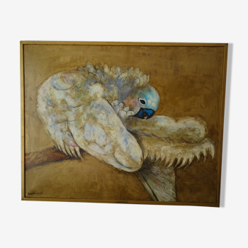 Tableau oiseau huile sur toile perroquet Nubar Bedrossian