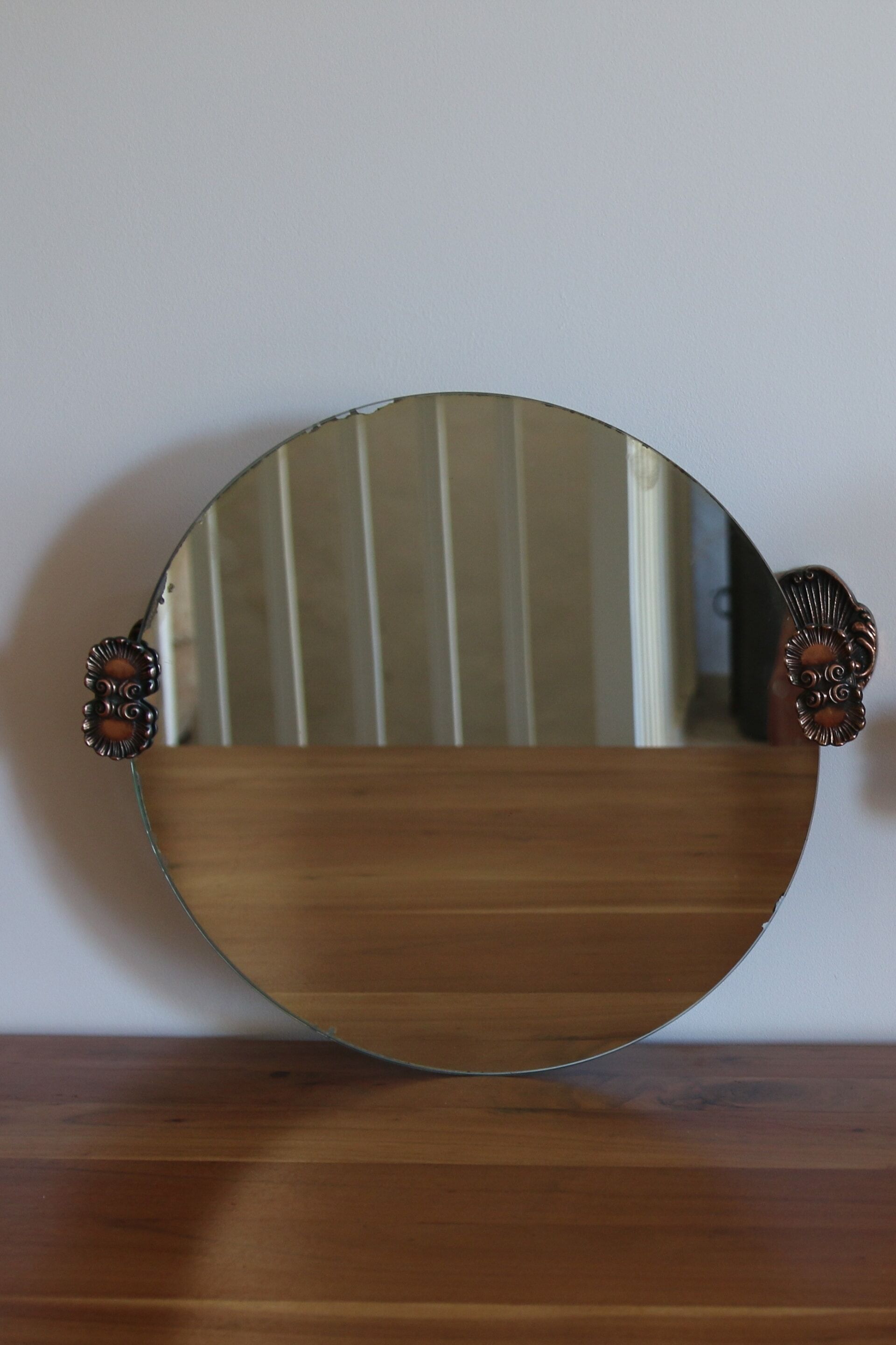 2 round mirrors made of copper alloy, 1940s-1950s