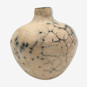 Raku ball vase, beige and black 20th century