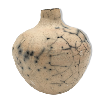 Raku ball vase, beige and black 20th century