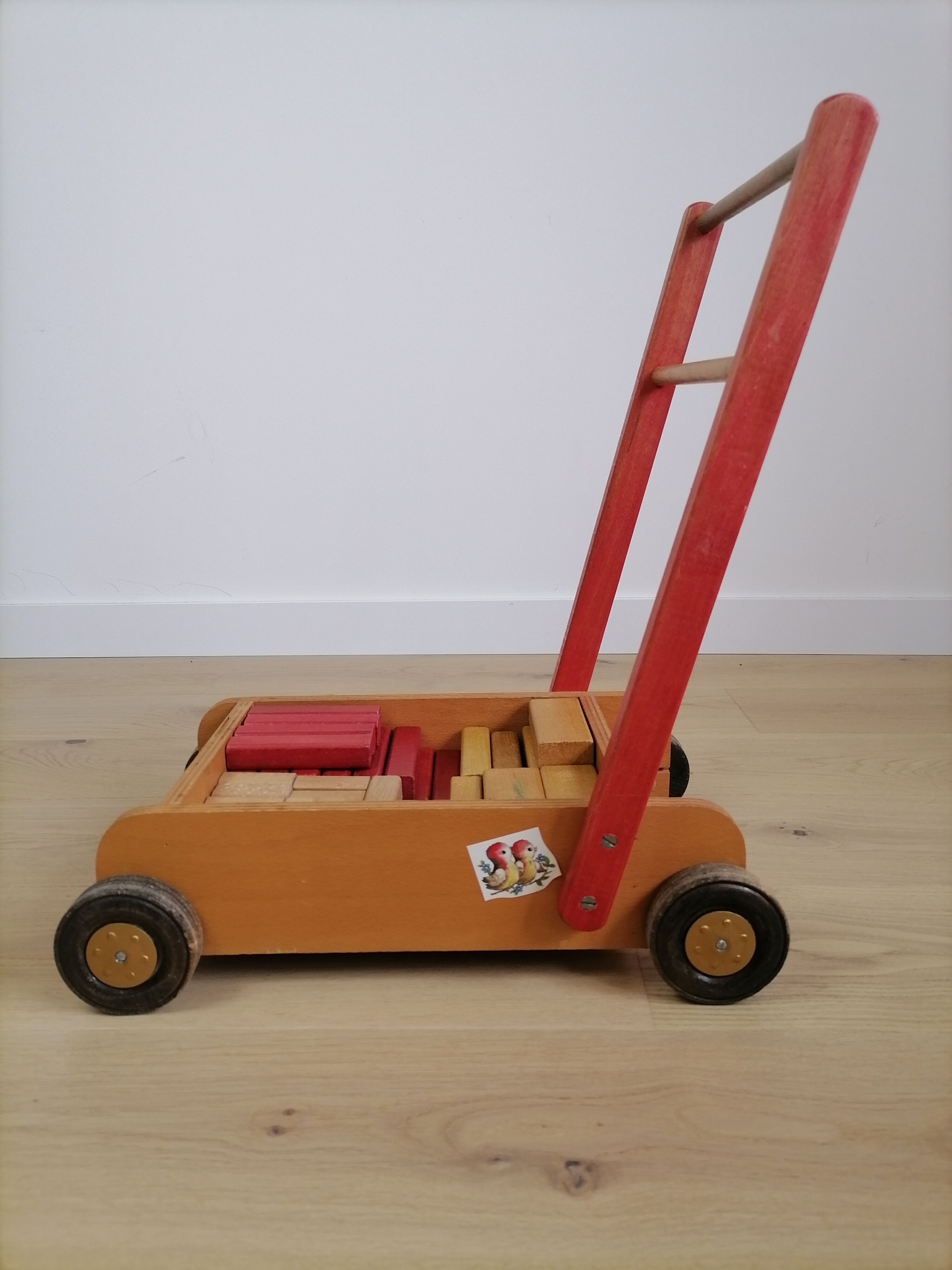 Walking trolley with wooden toy tray