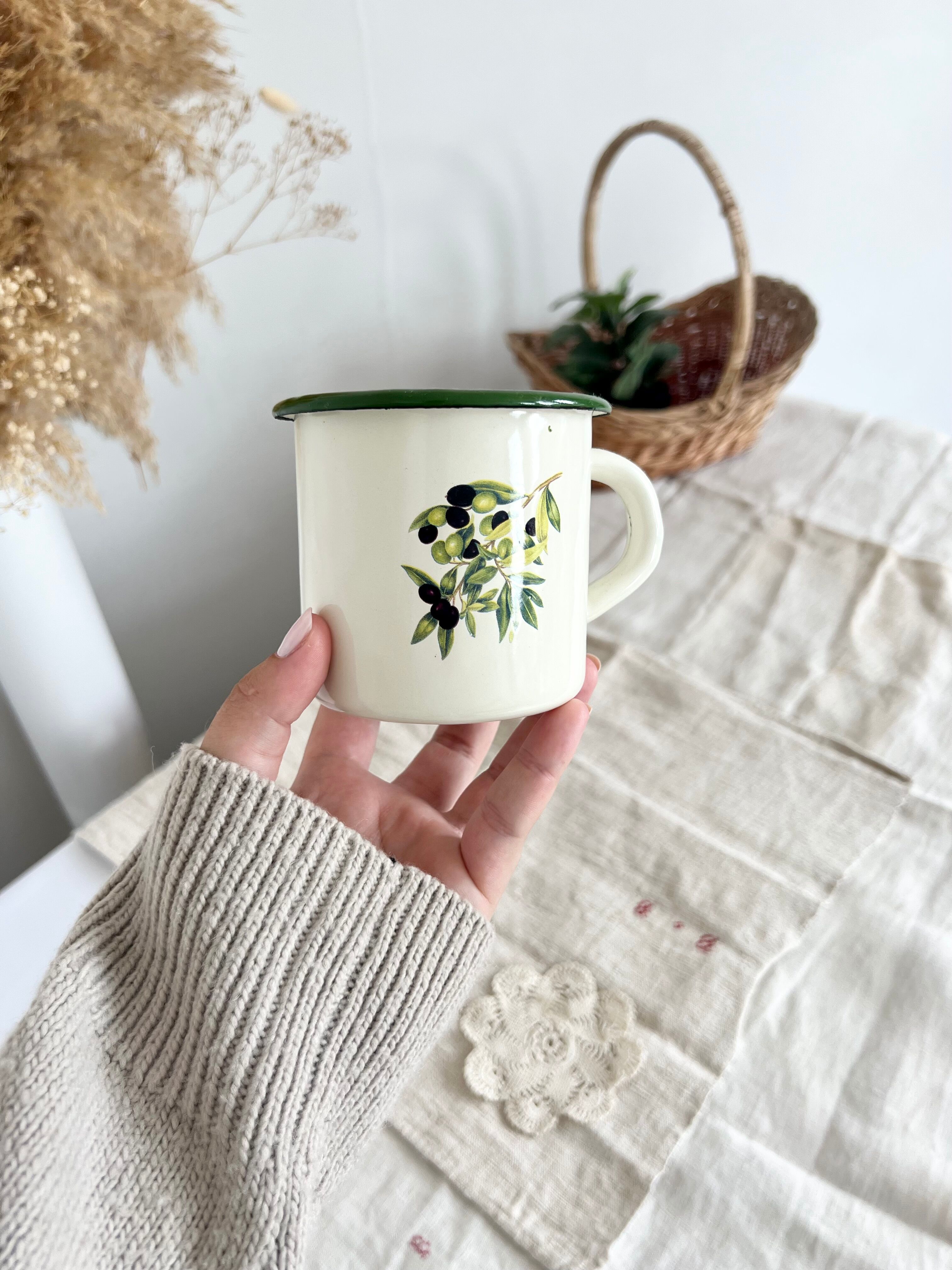 Vintage beige enamelled cup green border olive branch pattern rustic style