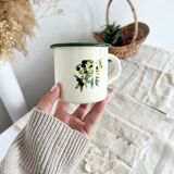 Vintage beige enamelled cup green border olive branch pattern rustic style