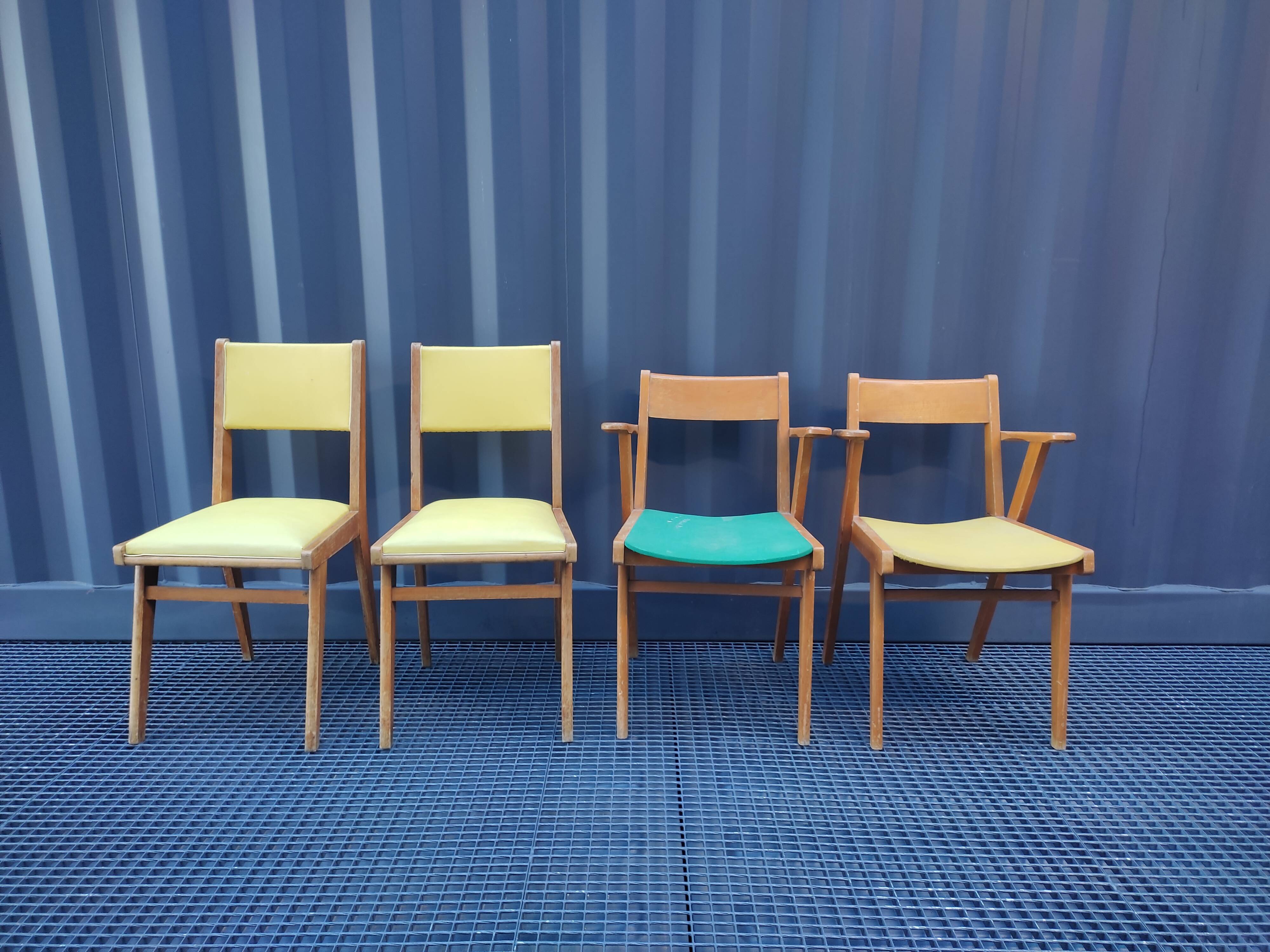 2 armchairs, 2 chairs 50s wooden
