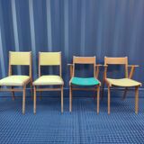 2 armchairs, 2 chairs 50s wooden