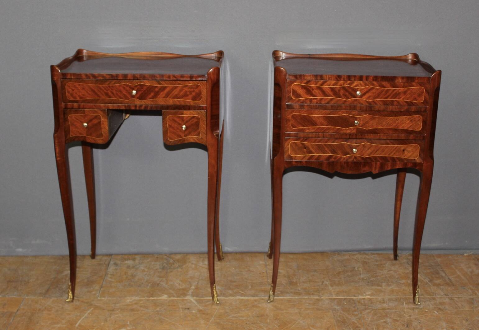 Pair of Louis XV style bedside tables in marquetry, 20th century.