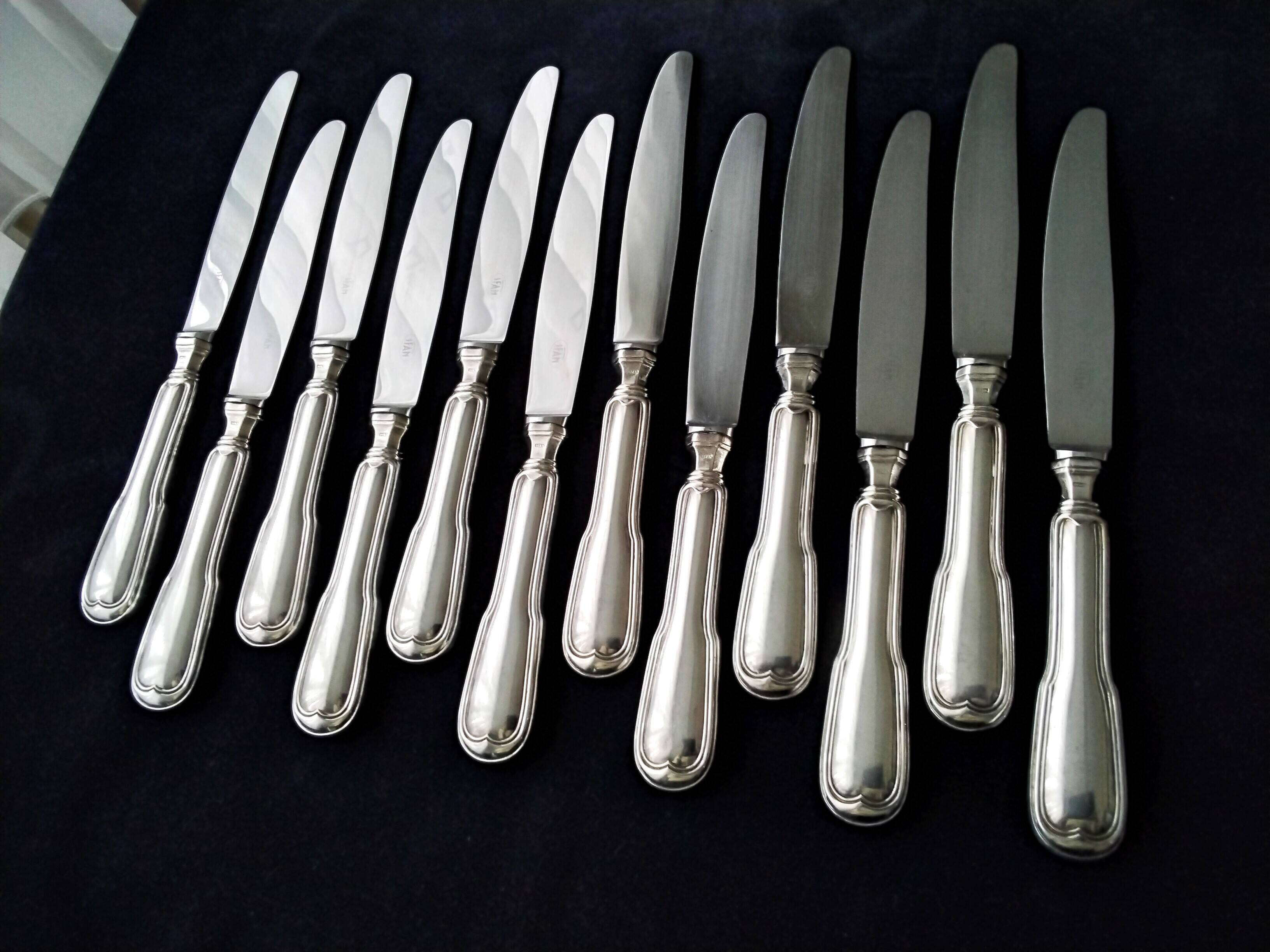 Box of 12 silver metal table knives SFAM Model Filet