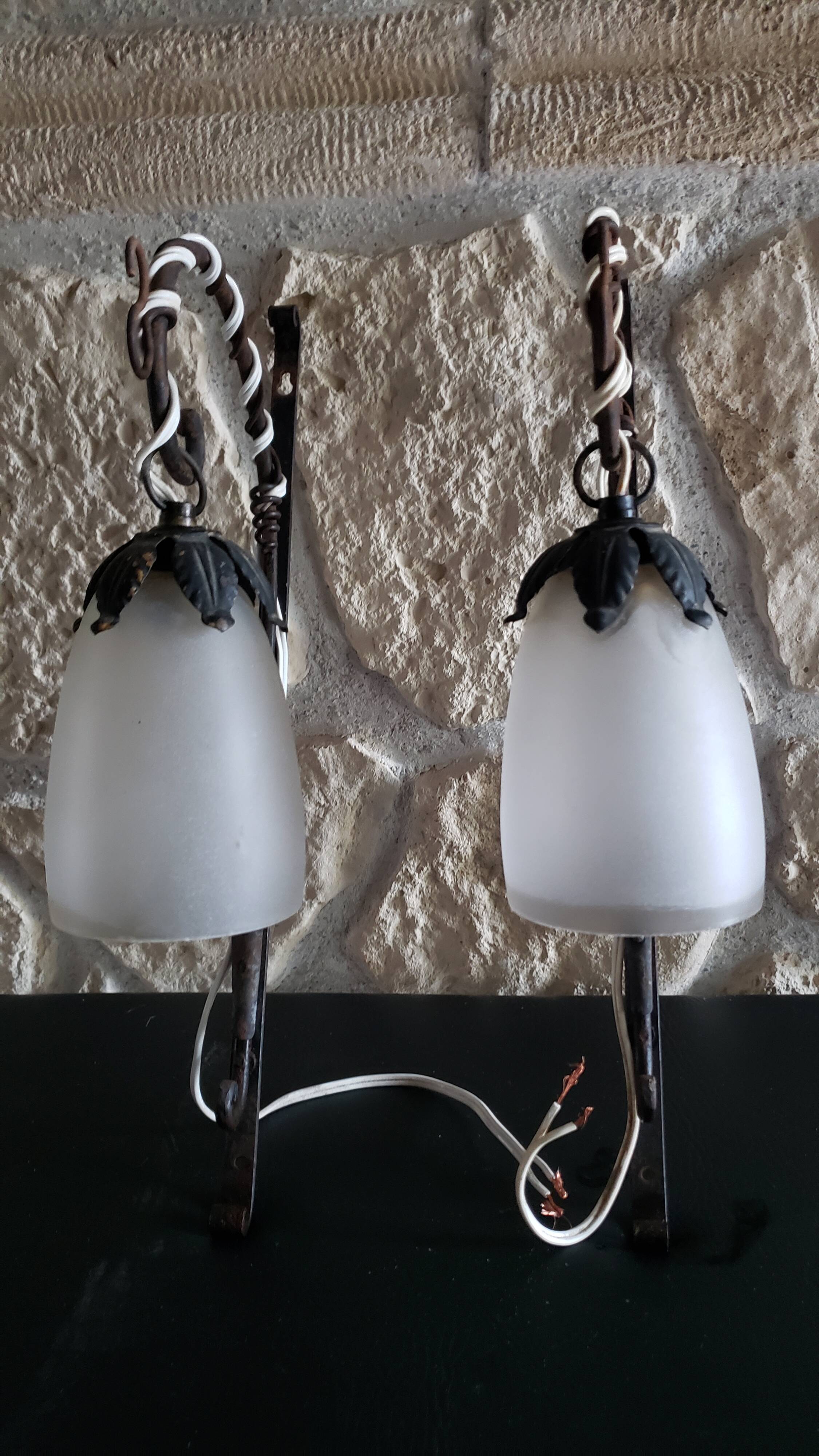 Pair of art deco wrought iron and tulip wall lights