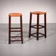Mid-century oak bar stools with cognac leather seats