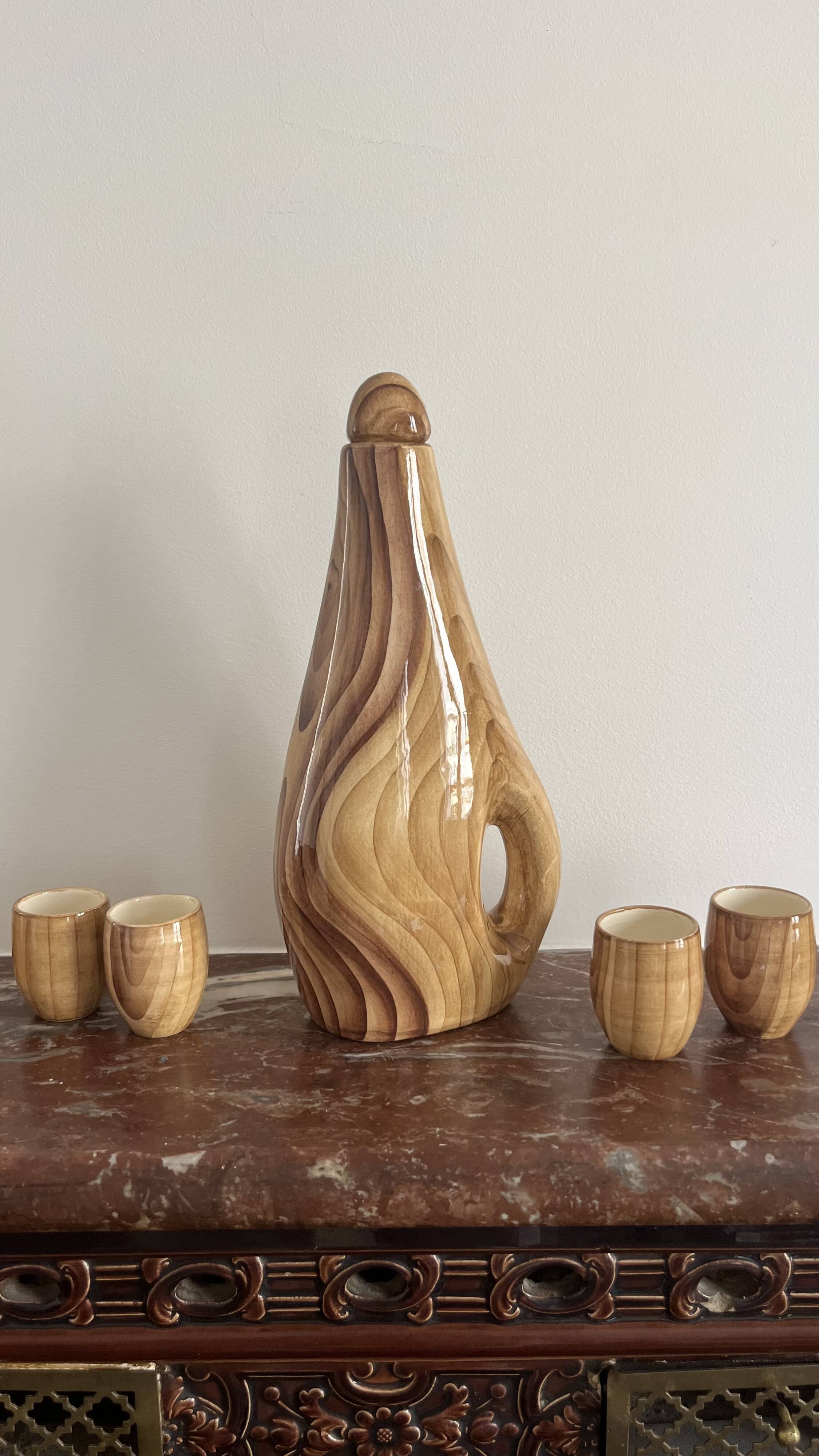 Grandjean Jourdan liqueur set in wood-effect glazed ceramic