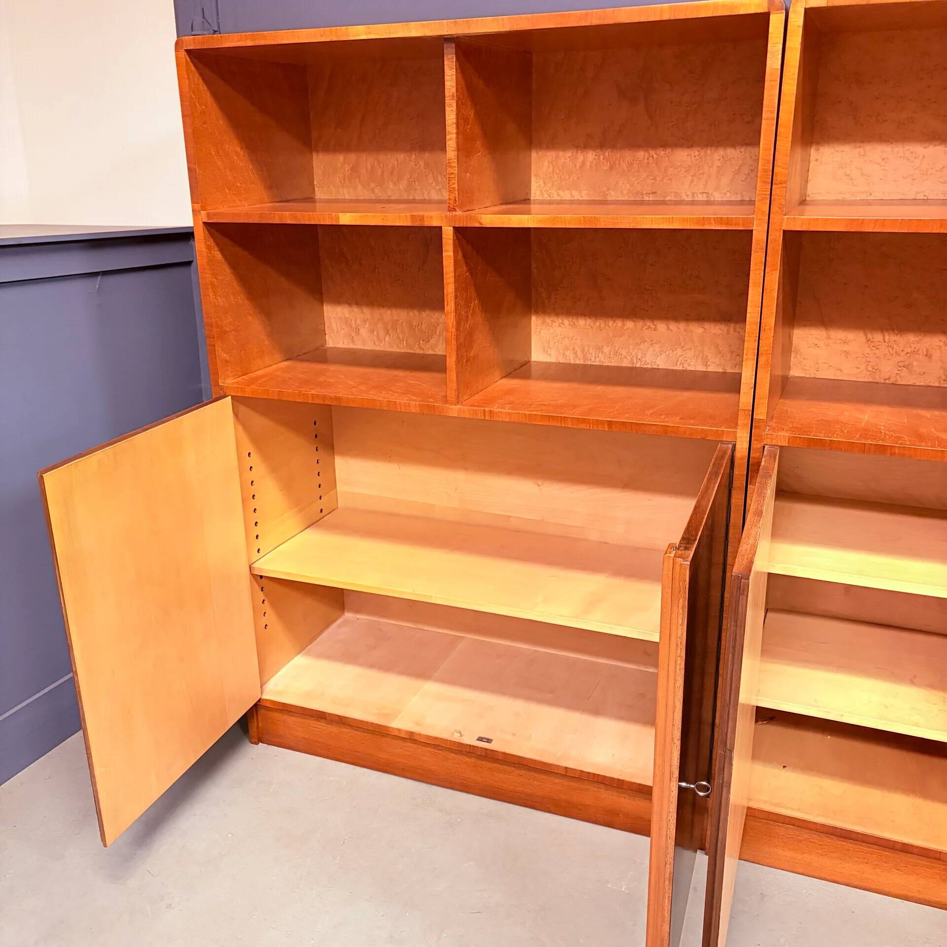 Art Deco bookcases, 1930s, walnut and maple veneer