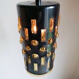 Amber blown glass and midnight blue metal hanging lamp 1960