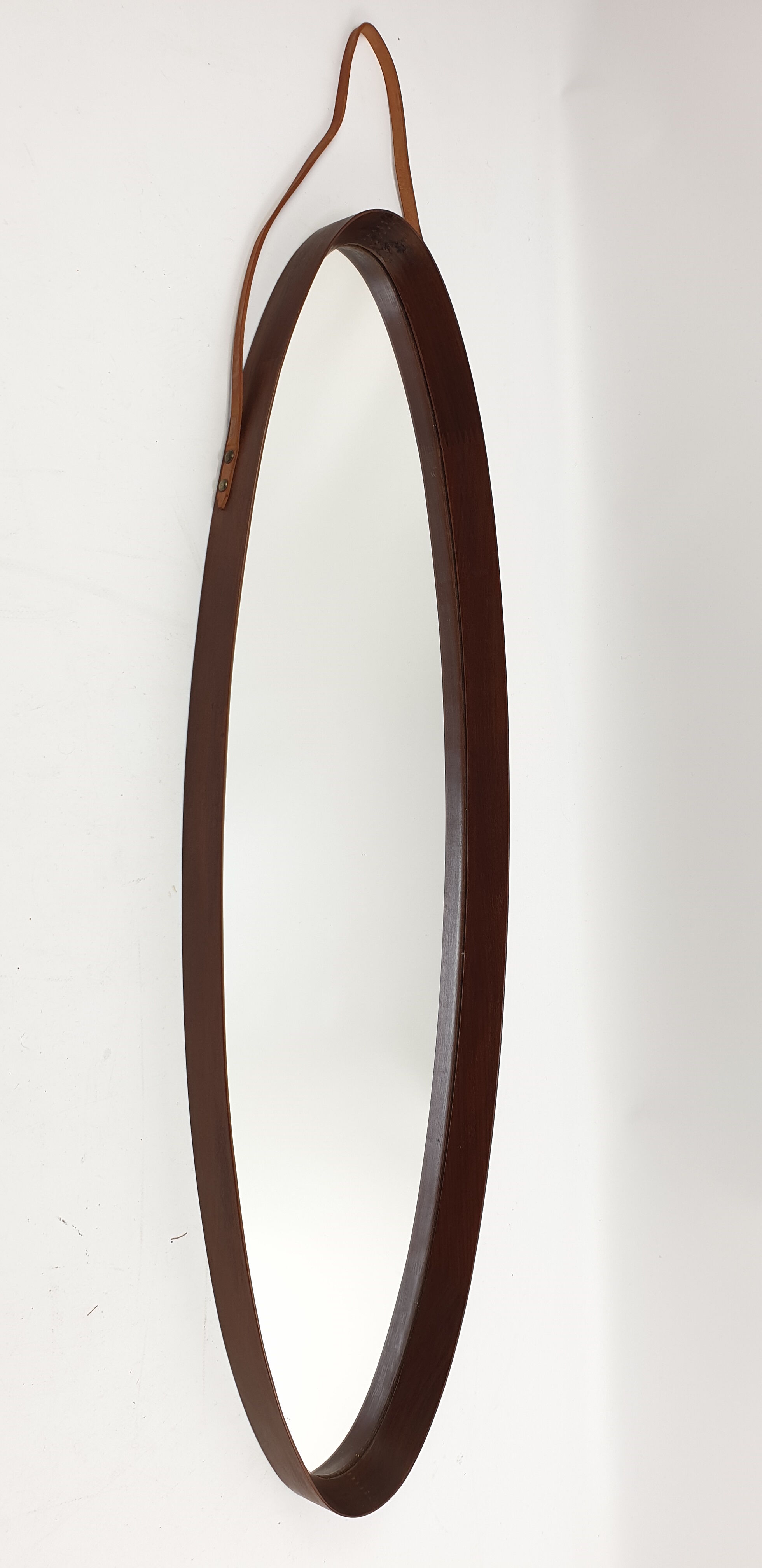 Italian Oval Teak Mirror 1950s 32x103cm
