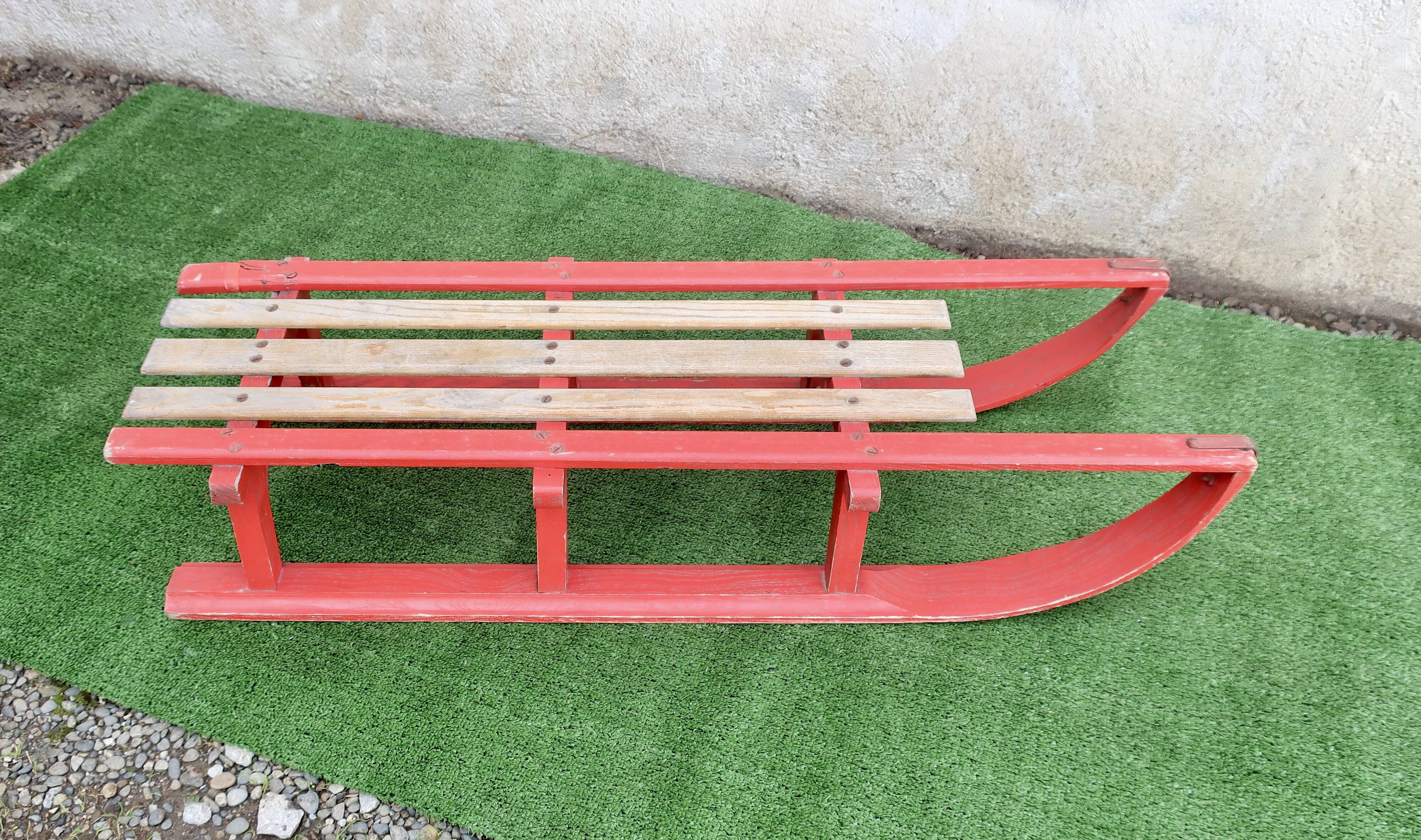 Vintage two-seater sled oak wood 1930's 106 cm