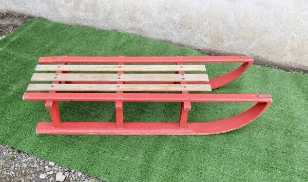 Luge vintage biplace traîneau bois de chêne 1930's 106 cm