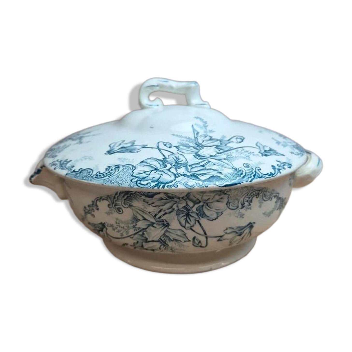 Antique ironstone soup tureen Clairefontaine with blue cyclamen decoration.
