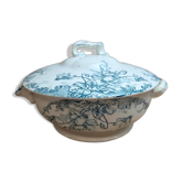 Antique ironstone soup tureen Clairefontaine with blue cyclamen decoration.