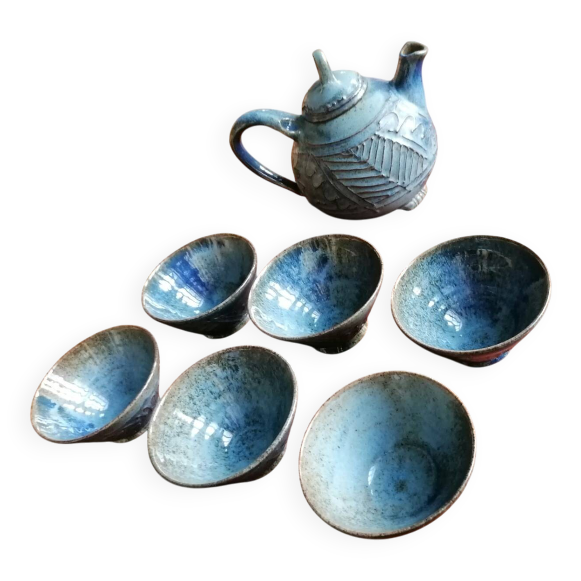 Blue slipware tea set - Bernard Leclerc