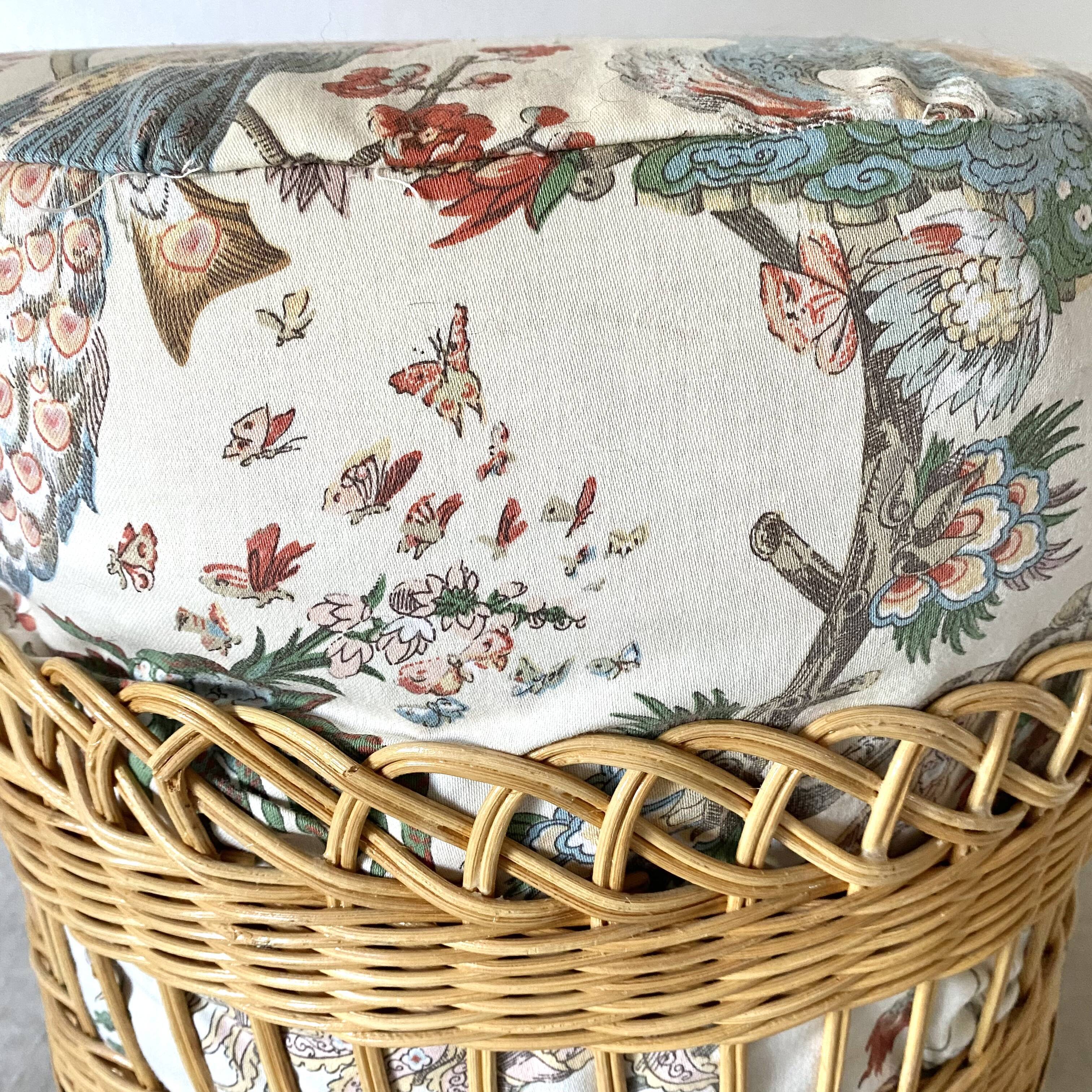 Rattan pouf and vintage fabric