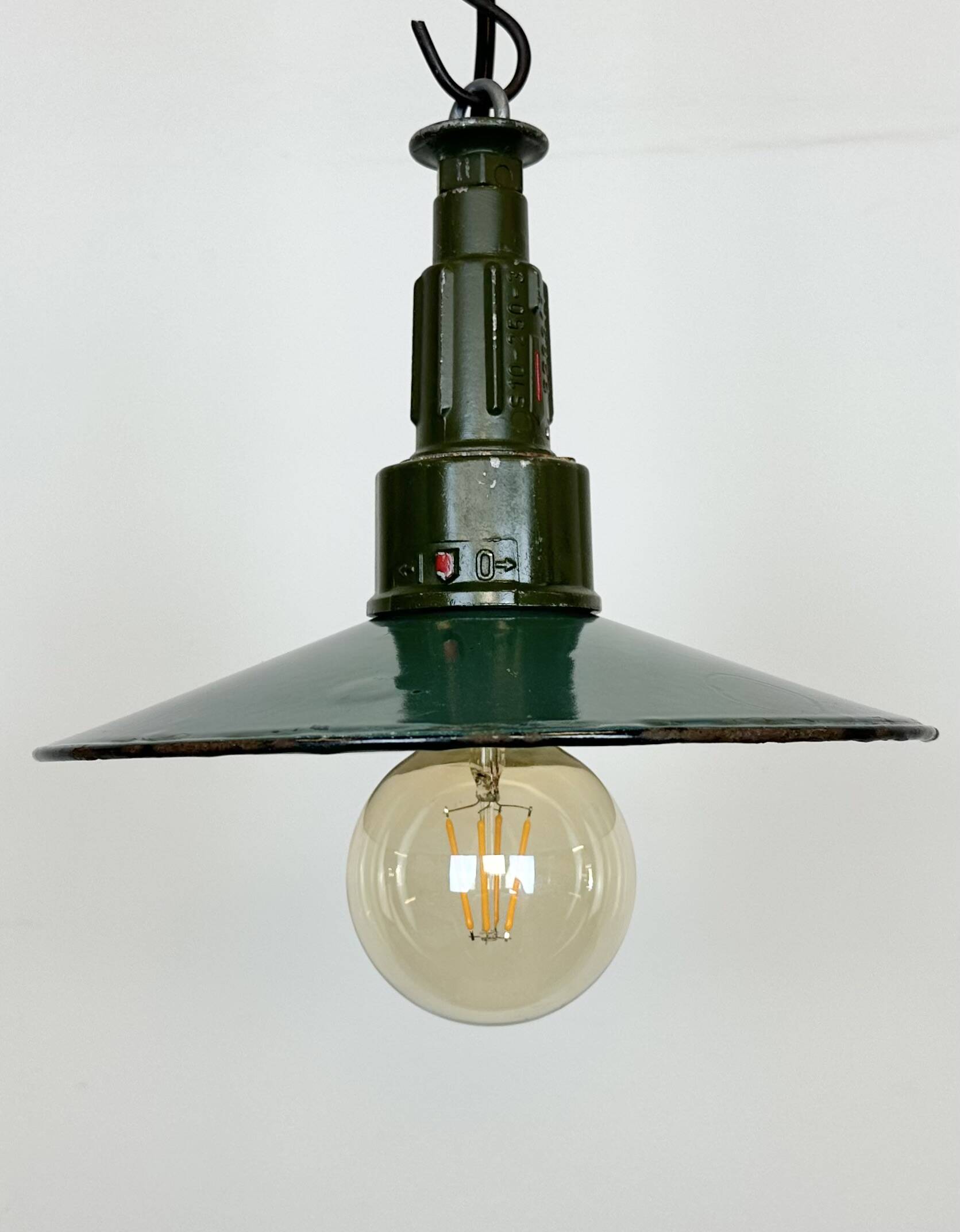 Industrial Petrol Enamel Military Pendant Lamp with Cast Aluminium Top, 1960s