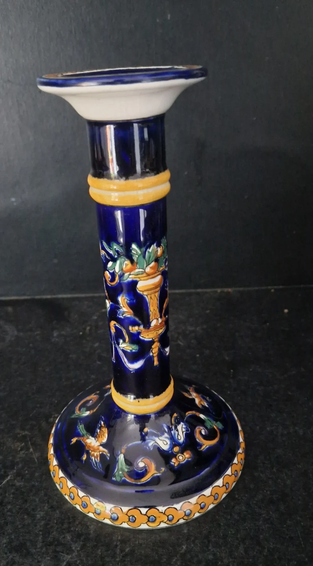 Antique candlestick Faïence from Gien - Renaissance Decor Blue Background - Painted
