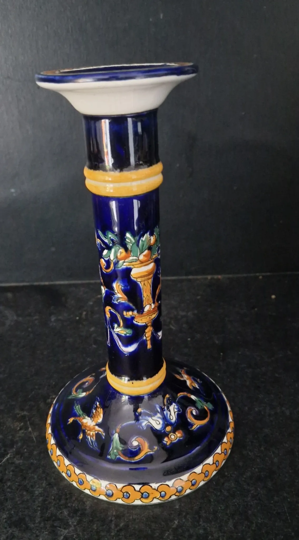 Antique candlestick Faïence from Gien - Renaissance Decor Blue Background - Painted