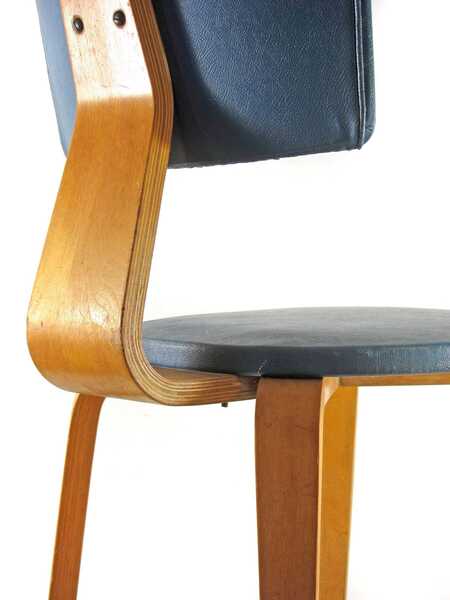 Vintage set of two Cor Alons chairs – bent plywood & blue and cream skai upholstery – 1950s Dutch design