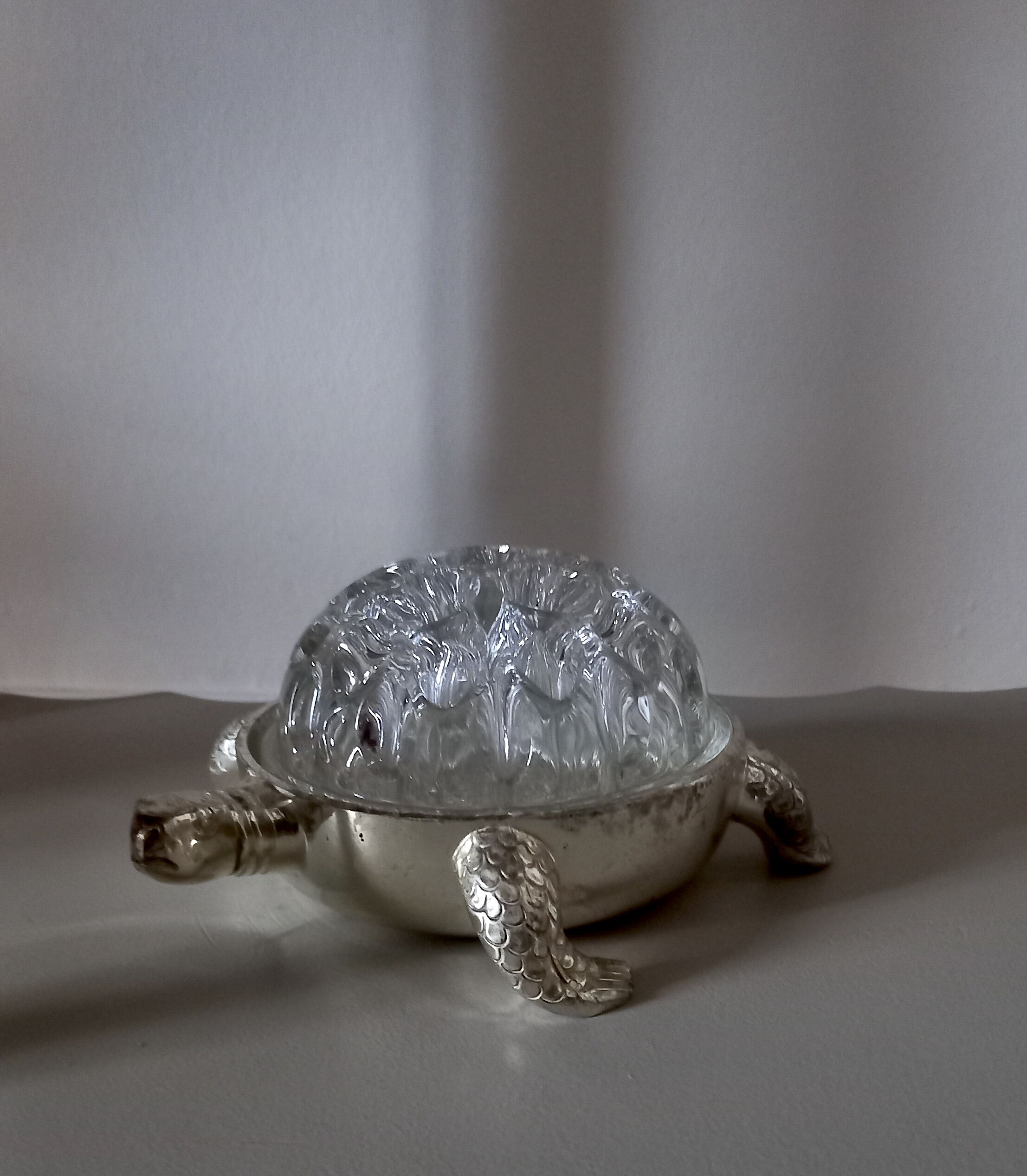 Pique-fleurs en verre de Reims 19 trous socle en métal argenté forme tortue
