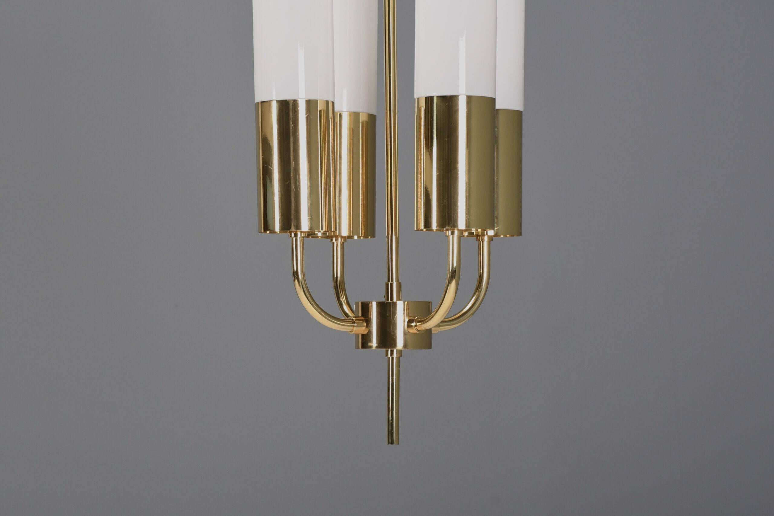 Large Glashütte Limburg brass & opaline chandelier, Germany, 1970s