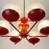 1960s chandelier, red metal and brass, 9 crackle glass shades