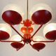 1960s chandelier, red metal and brass, 9 crackle glass shades