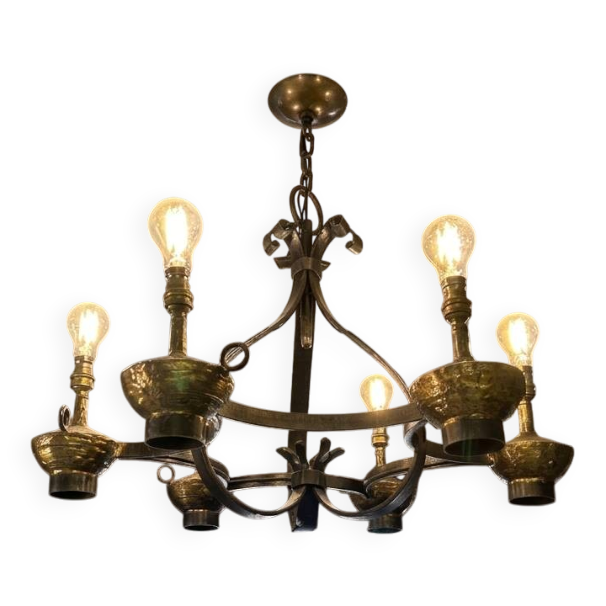 Exceptional set Max Bré: Large chandelier with 6 lights and its pair of wall sconces.
