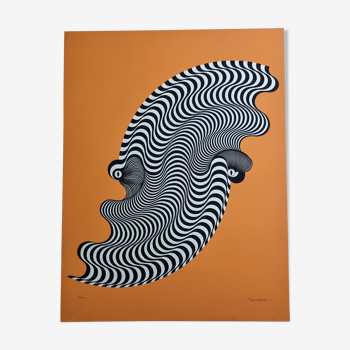 Sérigraphie signée d'après Maurice Tirmarche, Oeuvre d'art optique "Op Art en orange" , 50 x 65 cm