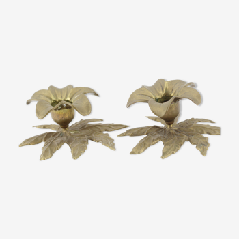 Pair of brass flower candlesticks