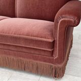 1970s, Danish 3-seater sofa, salmon pink furniture velour, beech wood.